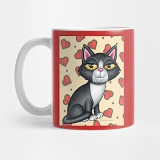 Cute Tuxedo kitty cat with surrounding hearts Mug